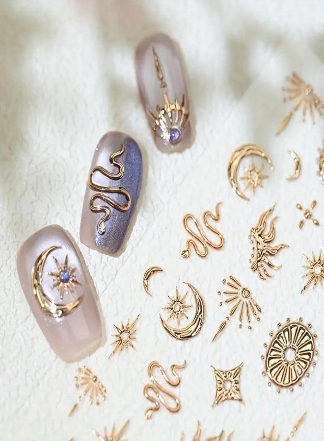 SPLOCUDU 2 Sheets Gold Boho Nail Stickers for Nail Art Gold Star Moon Sun Snake Nail Decals 5D Embossed Nail Art Decals Self-Adhesive Stickers for DIY Nails Art Decoration - Image 2